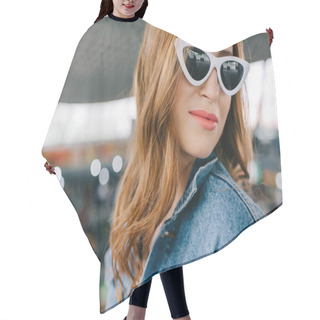 Personality  Portrait Of Smiling Fashionable Woman In Denim Clothing And Retro Sunglasses Hair Cutting Cape