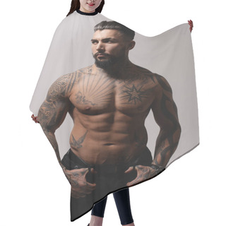 Personality  Hispanic Shirtless Male Model With Muscular Tattooed Torso Standing With Hands In Pockets And Looking Away On Gray Backdrop Hair Cutting Cape