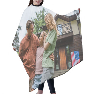 Personality  Smiling Girl Hugging Parents Near Vacation House With American Flag  Hair Cutting Cape