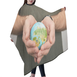 Personality  Man Holding Planet Model On Grey Background, Earth Day Concept Hair Cutting Cape