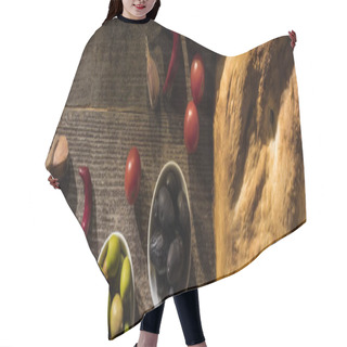 Personality  Top View Of Delicious Pita, Spices And Olives On Wooden Rustic Table, Panoramic Shot Hair Cutting Cape