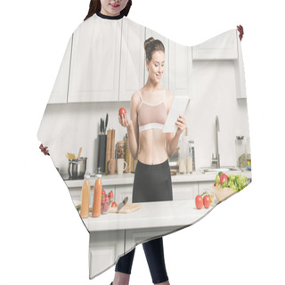 Personality  Attractive Girl In Sport Bra Reading Recipe For Cooking On Tablet In Kitchen Hair Cutting Cape