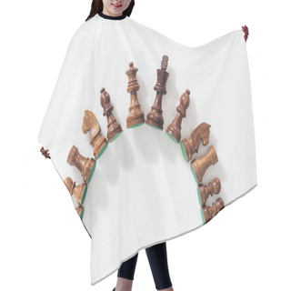 Personality  Top View Of Semicircle Made Of Brown Wooden Chess Figures On White Background Hair Cutting Cape