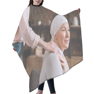 Personality  Cropped Shot Of Woman Supporting Sick Mature Mother In Kerchief   Hair Cutting Cape