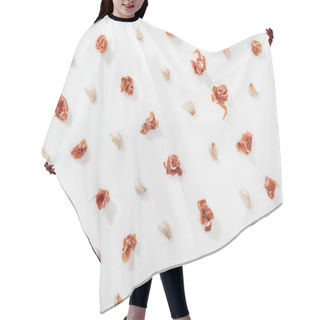 Personality  Top View Of Prosciutto And Garlic Cloves On White Background Hair Cutting Cape