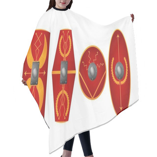 Personality  Roman Antique Shields Set. Red Hand Geometric Plates For Protection Of Medieval Foot Soldiers With Golden Traditional Vector Tracery Hair Cutting Cape