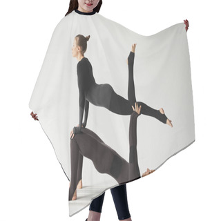 Personality  Young Women Practicing Acroyoga On Yoga Mat Isolated On Grey Hair Cutting Cape