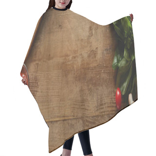 Personality  Top View Of Ingredients For Pizza Including Tomato Sauce, Mushrooms, Cherry Tomatoes, Chili Peppers And Prosciutto On Wooden Background, Panoramic Shot Hair Cutting Cape