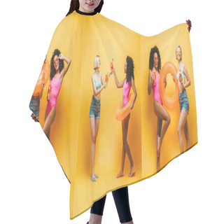 Personality  Collage With Young Interracial Women In Summer Outfit Posing With Inflatable Ring And Cocktails On Yellow, Horizontal Image Hair Cutting Cape