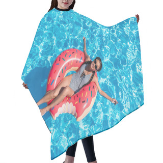 Personality  Asian Woman On Inflatable Donut In Pool Hair Cutting Cape