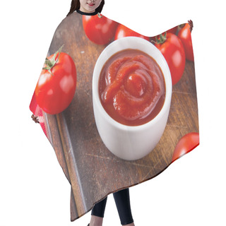 Personality  Bowl Of Tomato Sauce And Cherry Tomatoes On Wooden Table. Hair Cutting Cape