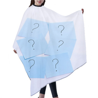 Personality  Top View Of Blue Cards With Question Marks On White Background Hair Cutting Cape
