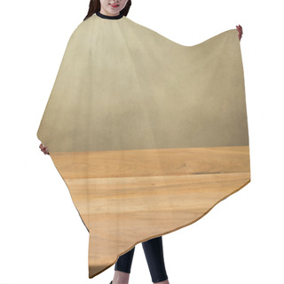 Personality  Empty Wooden Table Over Grunge Background. Hair Cutting Cape