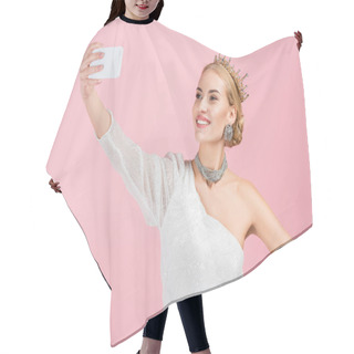 Personality  Blonde Woman In Luxury Crown Taking Selfie On Smartphone Isolated On Pink Hair Cutting Cape