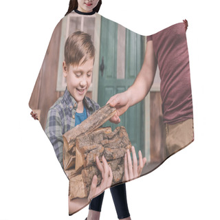 Personality  Father With Son Collecting Wood Logs Hair Cutting Cape