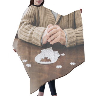 Personality  Cropped View Of Retired Man Playing With Puzzles On Table Hair Cutting Cape