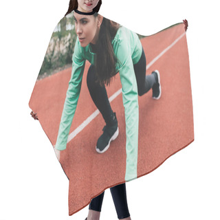Personality  Attractive Woman Standing In Starting Position On Running Track While Training In Park  Hair Cutting Cape