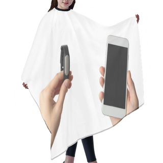 Personality  Female Hands With Fitness Tracker And Smart Phone On White Background Hair Cutting Cape