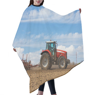 Personality  Farmer Plowing The Field. Cultivating Tractor In The Field. Red Farm Tractor With A Plow In A Farm Field. Tractor And Plow Hair Cutting Cape
