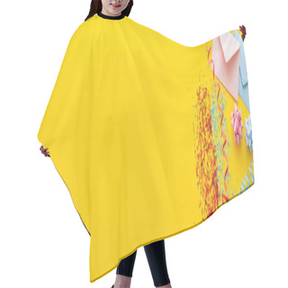 Personality  Top View Of Colorful Envelopes Near Sprinkles And Serpentine On Yellow Background, Banner  Hair Cutting Cape
