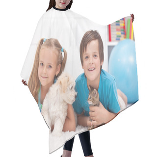 Personality  Happy Kids With Their Pets - A Dog And A Kitten Hair Cutting Cape