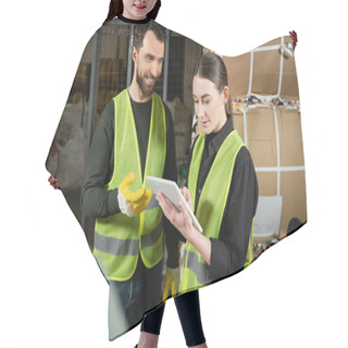 Personality  Smiling Worker In Safety Vest And Gloves Talking To Colleague With Digital Tablet Near Blurred Indian Sorter And Waste Paper In Garbage Sorting Center, Waste Sorting And Recycling Concept Hair Cutting Cape