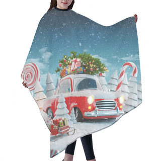 Personality  Red Santa's Car With Gift Boxes And Christmas Tree On The Top In A Magical Forest. Merry Christmas And A Happy New Year Concept. Unusual Christmas 3d Illustration. Hair Cutting Cape