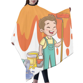 Personality  Cartoon Children With Paint Bucket And Paint Roller. Vector Illustration. Hair Cutting Cape