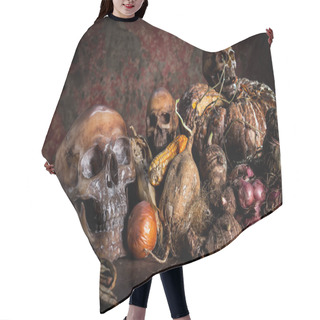 Personality  Still Life With Skull And Fruit On Wooden Hair Cutting Cape