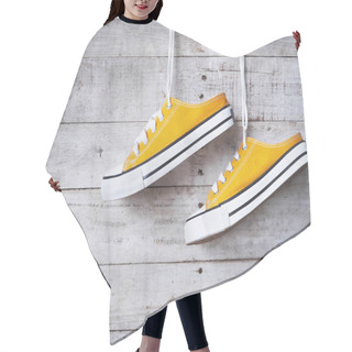 Personality  Yellow Sneakers Shoes With White Shoelace Hanging Over Vintage W Hair Cutting Cape
