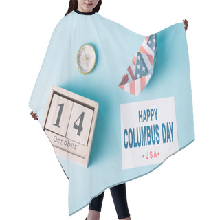 Personality  Top View Of Calendar With October 14 Date Near Paper Boat With American Flag Pattern, Compass And Card With Happy Columbus Day Inscription On Blue Background  Hair Cutting Cape
