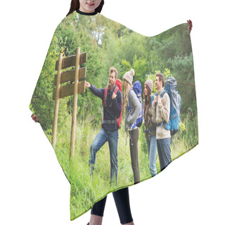 Personality  Hiking Friends With Backpacks At Signpost Hair Cutting Cape
