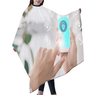 Personality  Partial View Of Man Using Smartphone With Cyber Security Sign On Screen Hair Cutting Cape