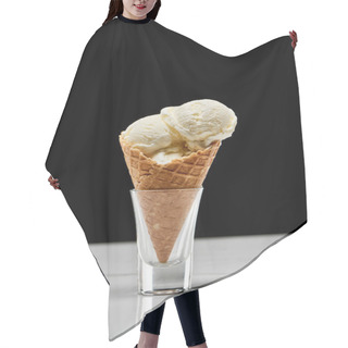 Personality  Delicious Vanilla Ice Cream In Crispy Waffle Cone Isolated On Black  Hair Cutting Cape