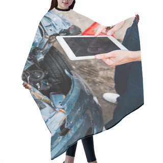 Personality  Cropped View Of Man Pointing With Finger At Digital Tablet With Blank Screen Near Damaged Car  Hair Cutting Cape