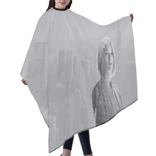 Personality  Double Exposure Of Attractive Woman With Crossed Arms And New York Cityscape  Hair Cutting Cape
