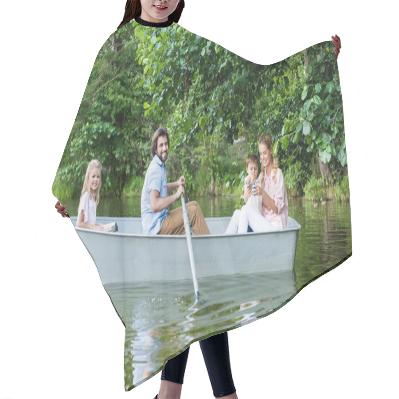 Personality  Side View Of Smiling Young Family Spending Time Together In Boat On Lake At Park Hair Cutting Cape