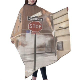 Personality  Steam Near Road Signs And Vintage Buildings In Downtown Of New York City, Metropolis Atmosphere Hair Cutting Cape