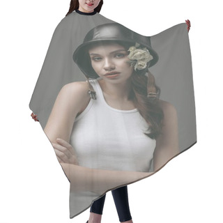 Personality  Attractive Girl In Military Helmet With White Flowers, Isolated On Grey Hair Cutting Cape