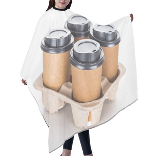 Personality  Paper Cups With Coffee In Cardboard Tray On White Background  Hair Cutting Cape