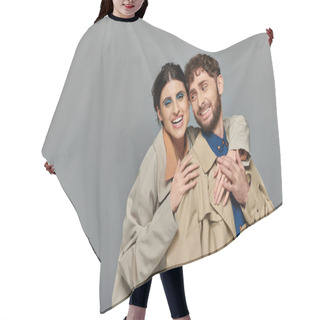 Personality  Fall Season, Smile, Romantic Couple Hugging On Grey Background, Trench Coats, Style, Romance Hair Cutting Cape