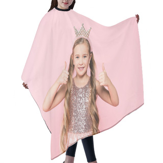 Personality  Cheerful Little Girl In Dress And Crown Showing Thumbs Up Isolated On Pink  Hair Cutting Cape