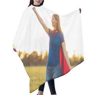 Personality  Superhero Woman. A Young And Beautiful Blonde In The Form Of A Superheroine In A Red Cloak Is Growing Forward And Upward. Woman Dressed As A Superhero In Nature. Feminism Concept Hair Cutting Cape