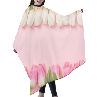 Personality  Pink And White Tulips Arranged In Rows On Pink Background With Copy Space Hair Cutting Cape