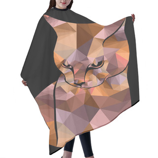 Personality  Mosaic Of Cartoon Serious And Angry Cat Muzzle In Muted Orange, Brown And Magenta Hues Isolated On The Black Background, Decoration On Glass Hair Cutting Cape