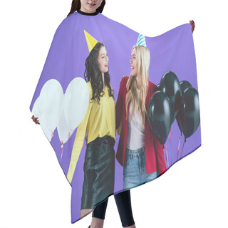 Personality  Cheerful Girls In Party Hats Holding Balloons And Looking At Each Other On Purple Background Hair Cutting Cape