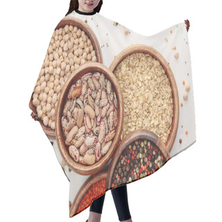 Personality  Top View Of Wooden Bowls With Oatmeal, Red Lentil, Beans, Peppercorns And Chickpea On White Marble Surface With Scattered Beans Hair Cutting Cape