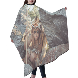 Personality  Caveman, Manly Boy Hunting Outdoors. Ancient Warrior Portrait. Hair Cutting Cape