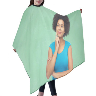 Personality  Pensive Afro American  Woman Over Green Chalkboard Hair Cutting Cape