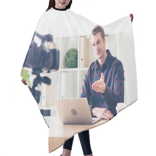 Personality  Cheerful Handsome Male Video Blogger Recording Vlog And Gesturing In Office Hair Cutting Cape